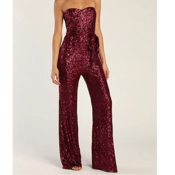 Lulus Pants - Lulus Flirty Moves Wine Red Sequin Strapless Wide-Leg Jumpsuit S